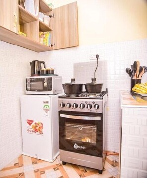 Kühlschrank, Mikrowelle, Herdplatte, Wasserkocher