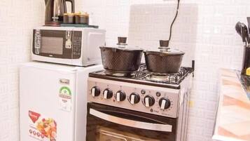 Fridge, microwave, stovetop, electric kettle