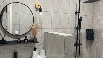 Hair dryer, towels, soap, toilet paper