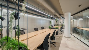A modern office space with long wooden tables, black office chairs, and potted plants. - Feel Porto Firmeza Coworking Flat 1 1 (Porto)