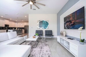 TV, fireplace, DVD player, stereo