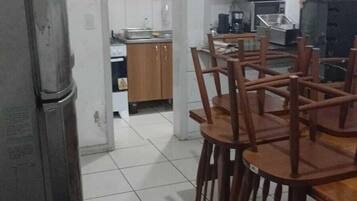 Fridge, microwave, cookware/dishes/utensils