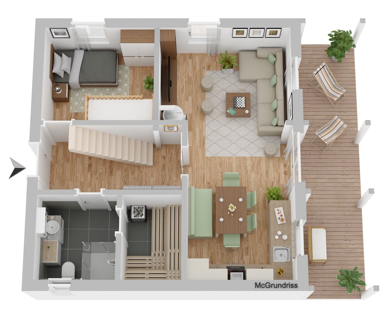 A 3D floor plan of a modern apartment with a living room, kitchen, dining area, and a balcony.