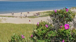 A beach with people, a lifeguard tower, and a grassy area with pink flowers. - Walk to Water, near Downtown Chatham! (Chatham)