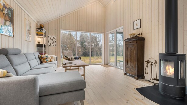 A spacious living room with a grey sofa, a wooden cabinet, and a black fireplace. - Beautiful home in Fårevejle with WiFi (Fårevejle)