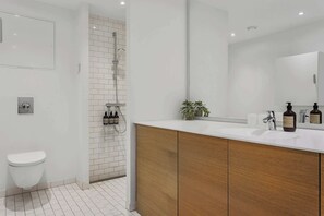 Shower, free toiletries, hair dryer, towels