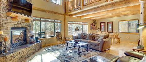 TV, fireplace, books