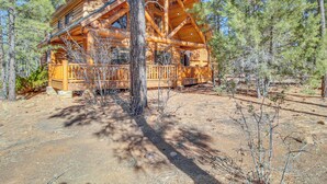 A log cabin with a porch and multiple windows, surrounded by trees. - Fire Pit: Cozy Winter Cabin, 45 Mi to Sunrise Park (Show Low)