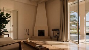 Een ruime woonkamer met een open haard, een groot raam met gordijnen, een bank en een salontafel.