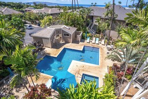A residential area with a swimming pool surrounded by palm trees and houses.