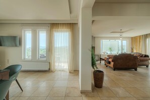 A spacious living room with a large window, a sofa, a television, and a plant.
