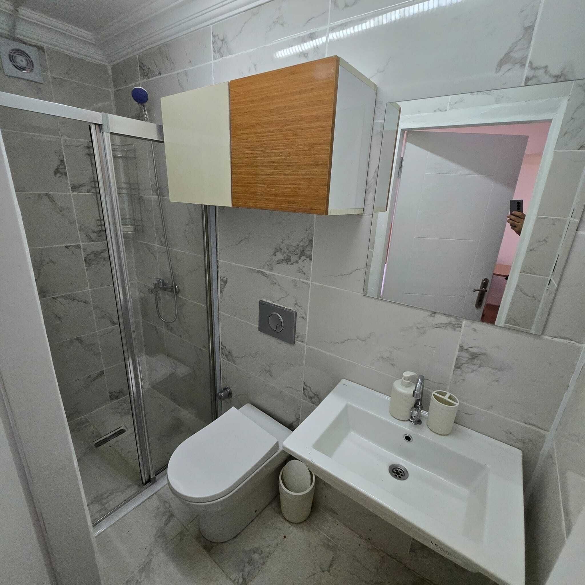 A modern bathroom with a shower, toilet, and sink.