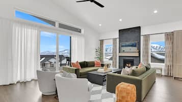 TV, fireplace, books, stereo