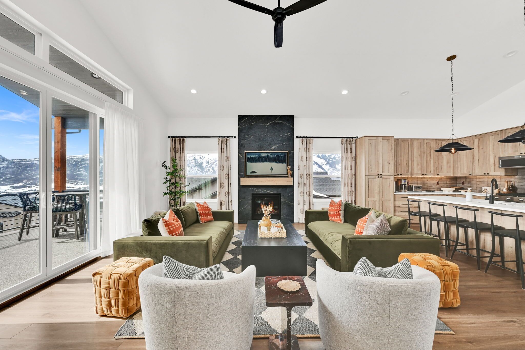 TV, fireplace, books, stereo