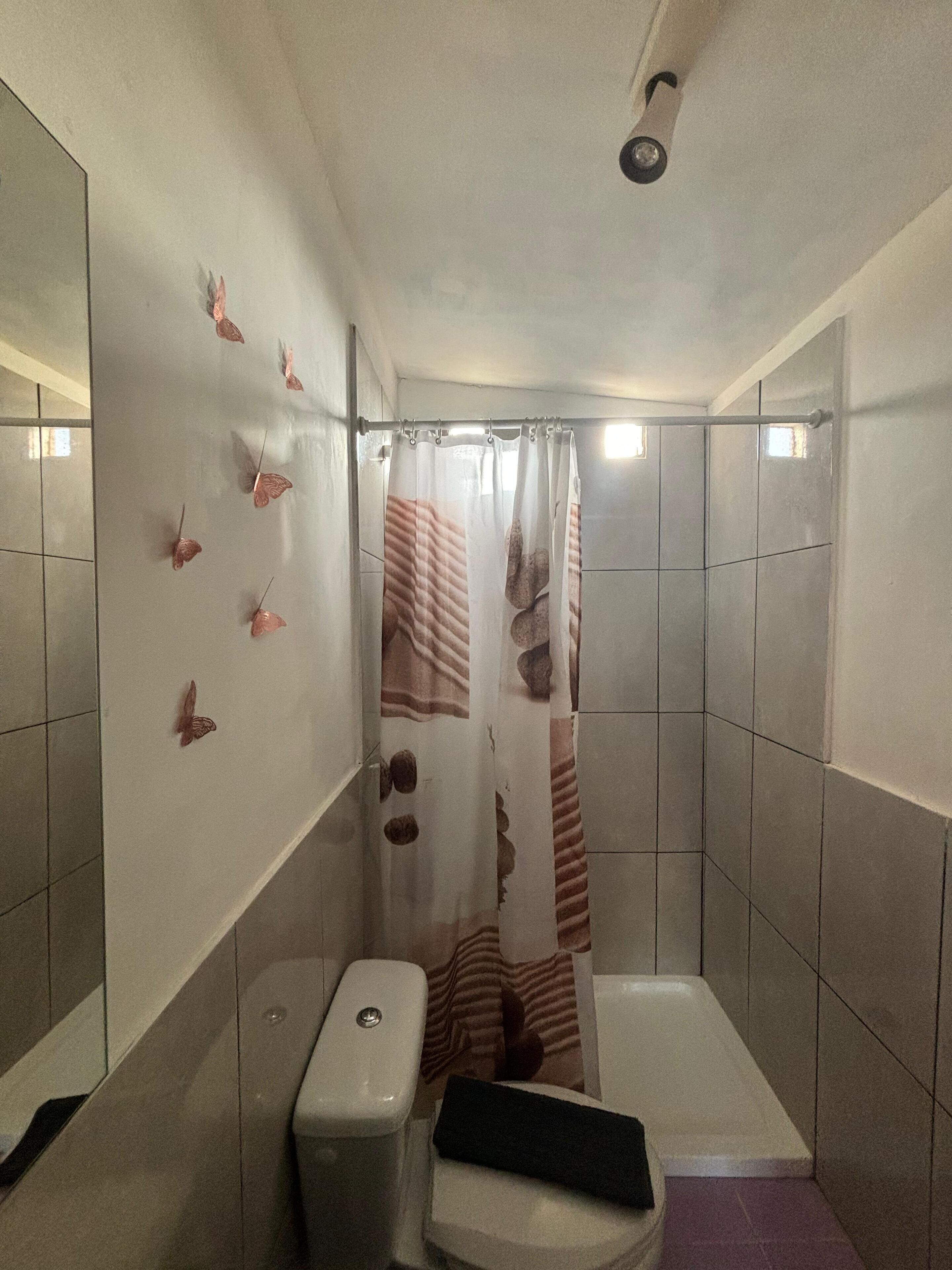 A bathroom with a toilet, a bathtub, and a shower curtain with a striped pattern.