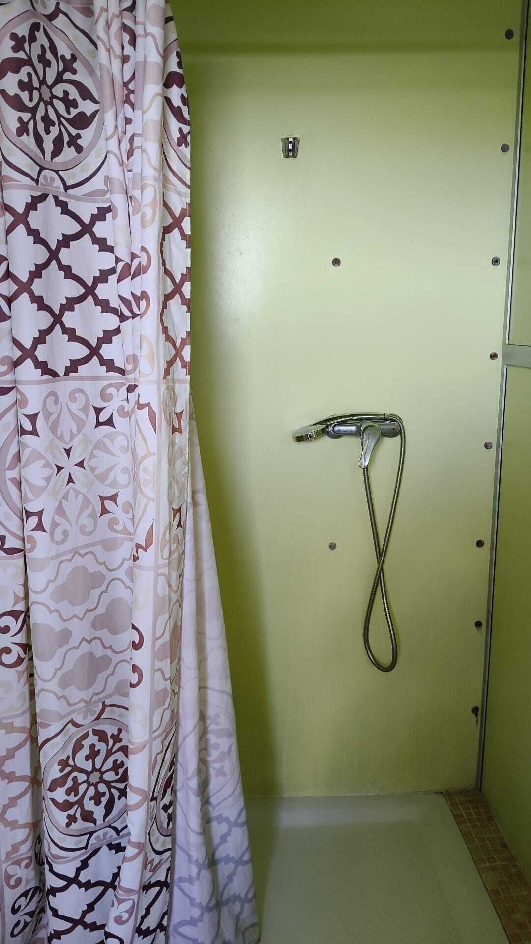 Une douche équipée d’un pommeau de douche à main, d’un rideau et d’un mur vert.