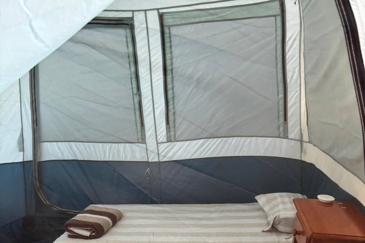 A tent with two beds, each with a pillow and a blanket.