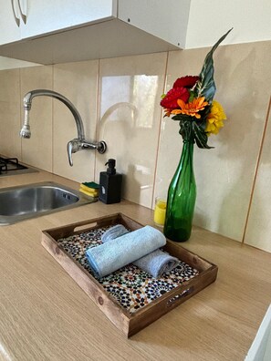 Cabin C4 | Cocina privada | Frigorífico grande, utensilios de cocina y artículos de limpieza