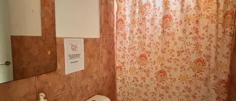 A bathroom with a sink, toilet, and shower curtain.