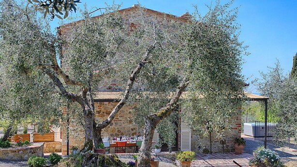 Un área de estar al aire libre con muros de piedra, olivos y un edificio rústico al fondo.