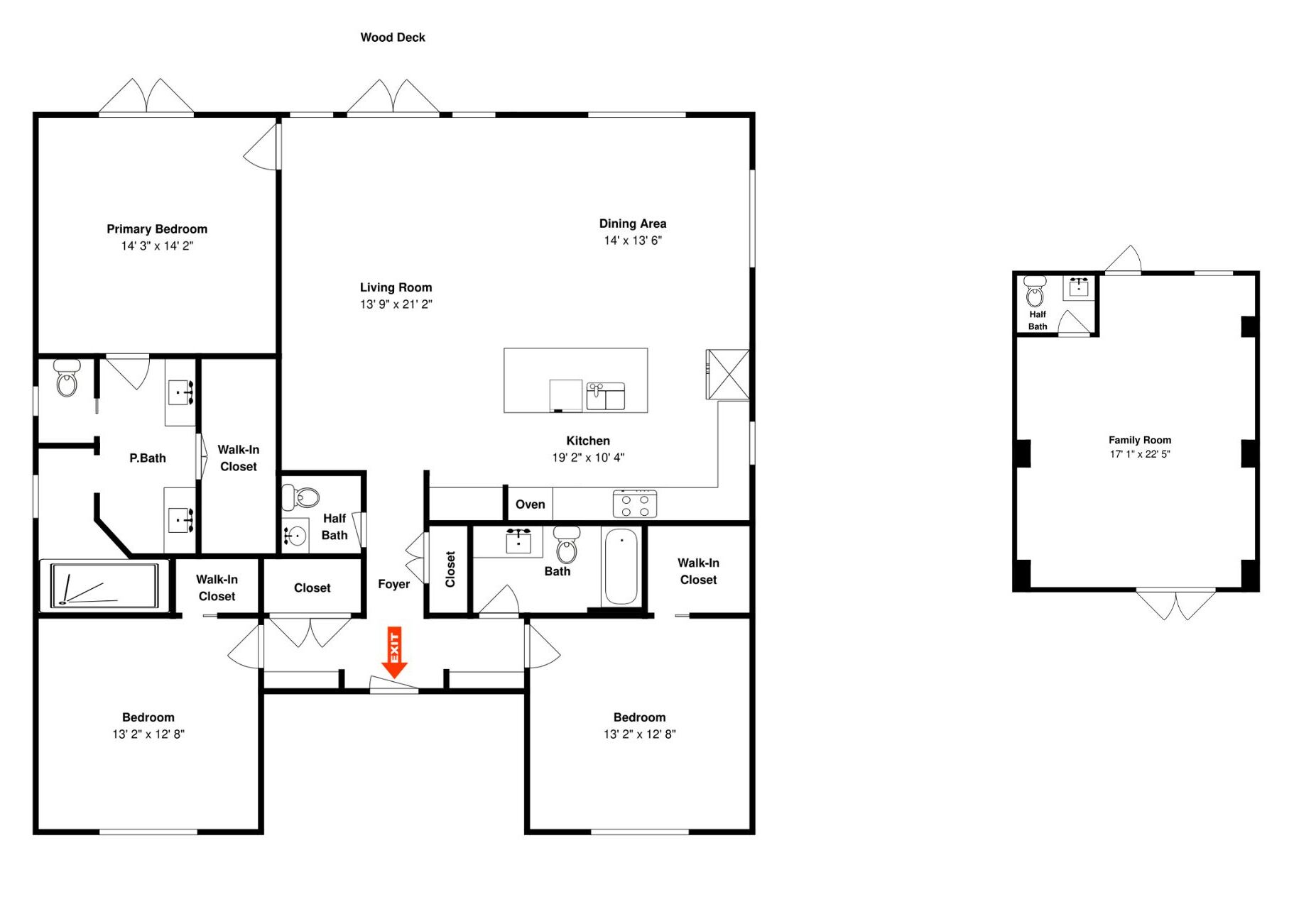 A floor plan of a house with a primary bedroom, living room, dining area, kitchen, and two bedrooms.
