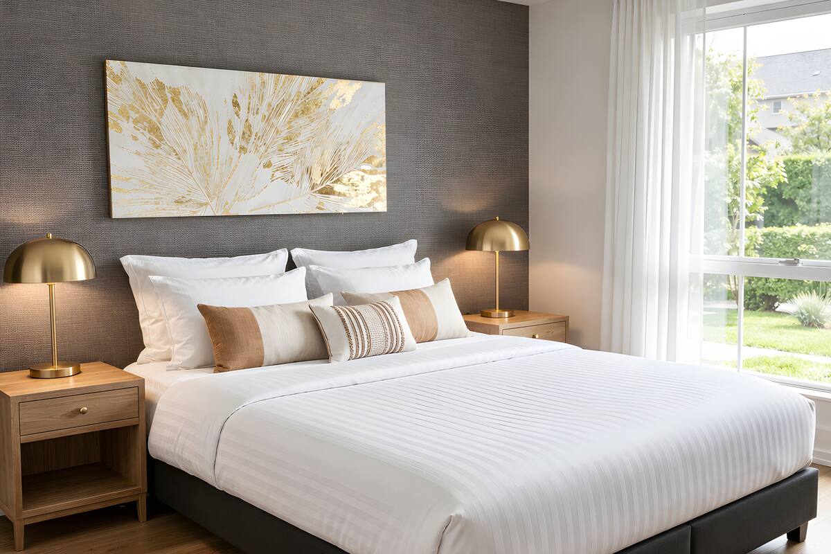 Une chambre à coucher moderne avec un grand lit, deux tables de chevet, une œuvre d’art accrochée au mur et une fenêtre avec des rideaux.