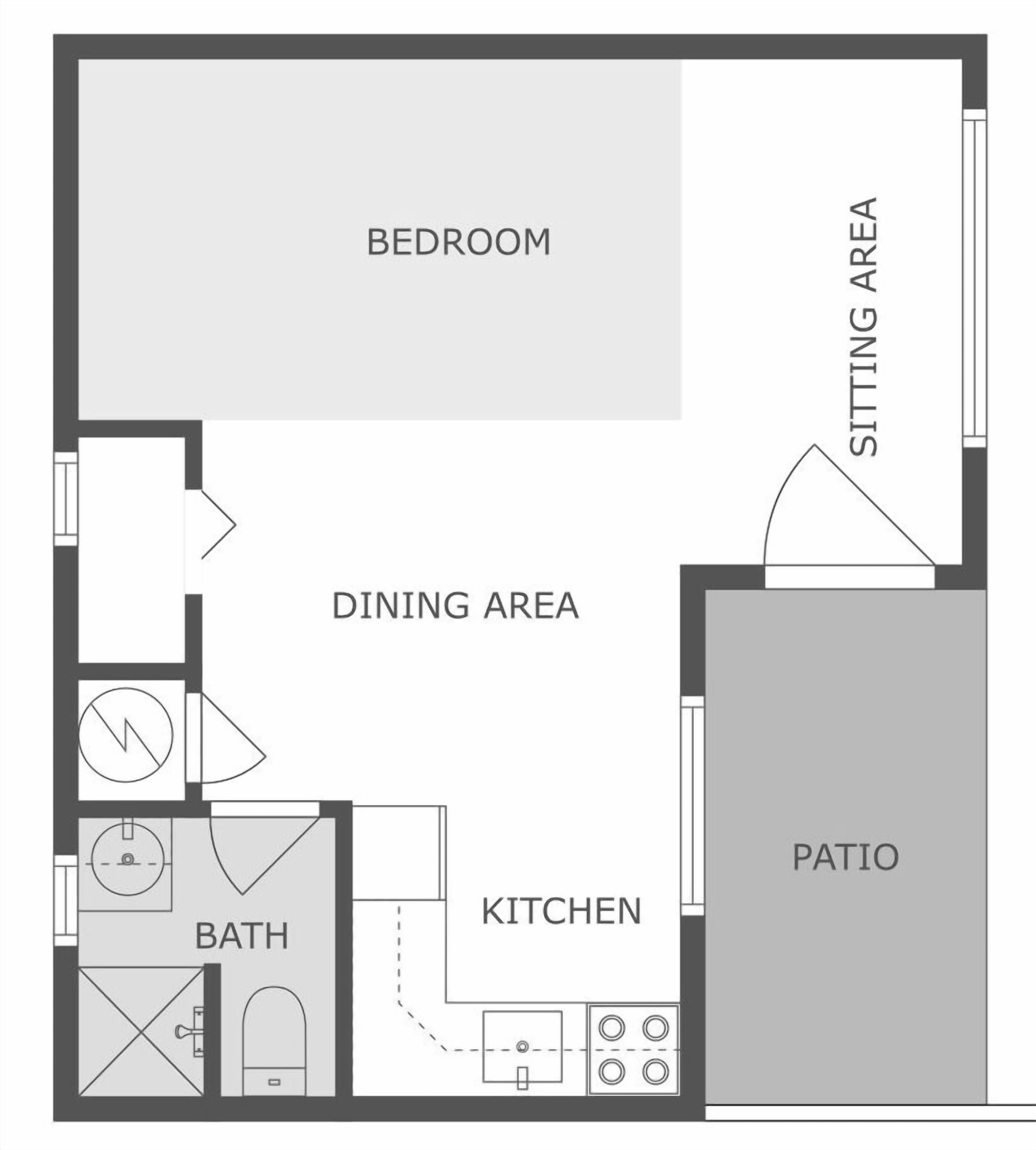 A floor plan with a bedroom, dining area, kitchen, bathroom, sitting area, and patio.