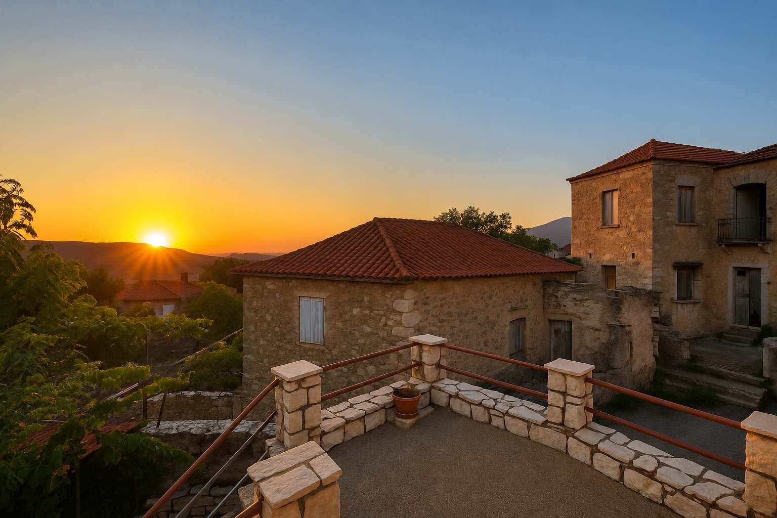 Un bâtiment en pierre avec un toit recouvert de tuiles rouges, un escalier en pierre et une vue sur le coucher du soleil.