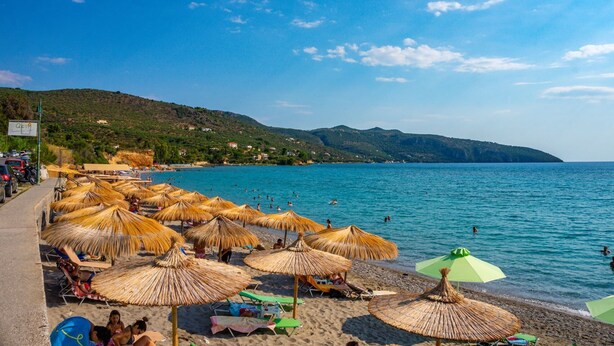 Une plage avec des parasols en chaume, un ciel dégagé et un paysage vallonné en arrière-plan.