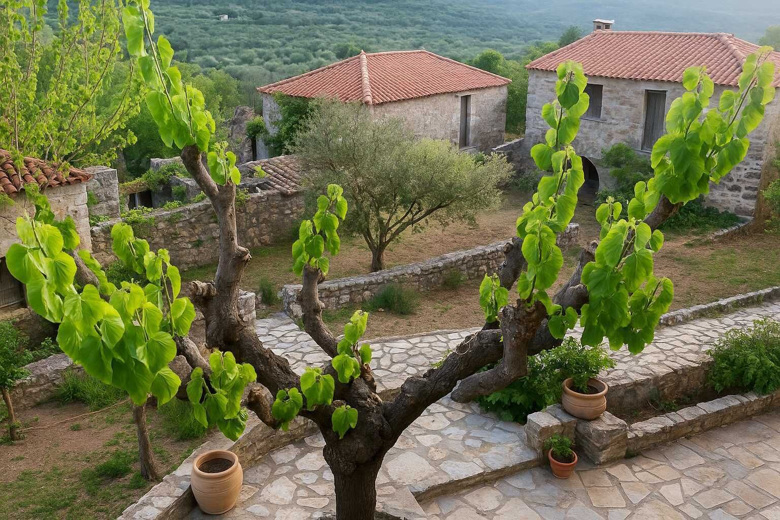 A stone pathway leading to rustic buildings with red-tiled roofs, surrounded by greenery and a mountainous backdrop.