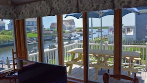A room with large windows overlooking a dock with boats and a waterfront view.