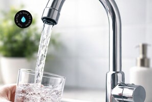 A modern faucet with water flowing into a clear glass. - Cozy Loft Laureles-AC, Perfect for Digital Nomads (Medellín)