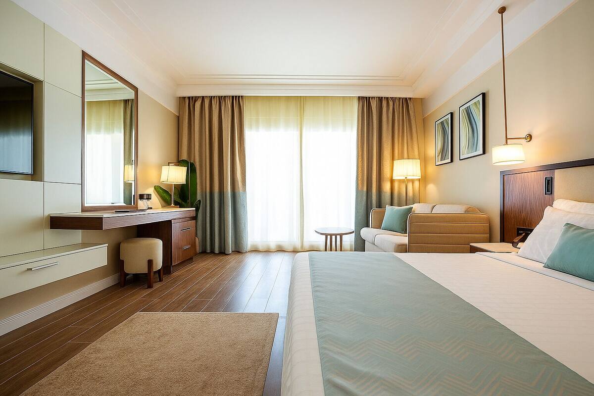 A hotel room with a bed, a desk, a chair, a small table, and a large window with curtains.