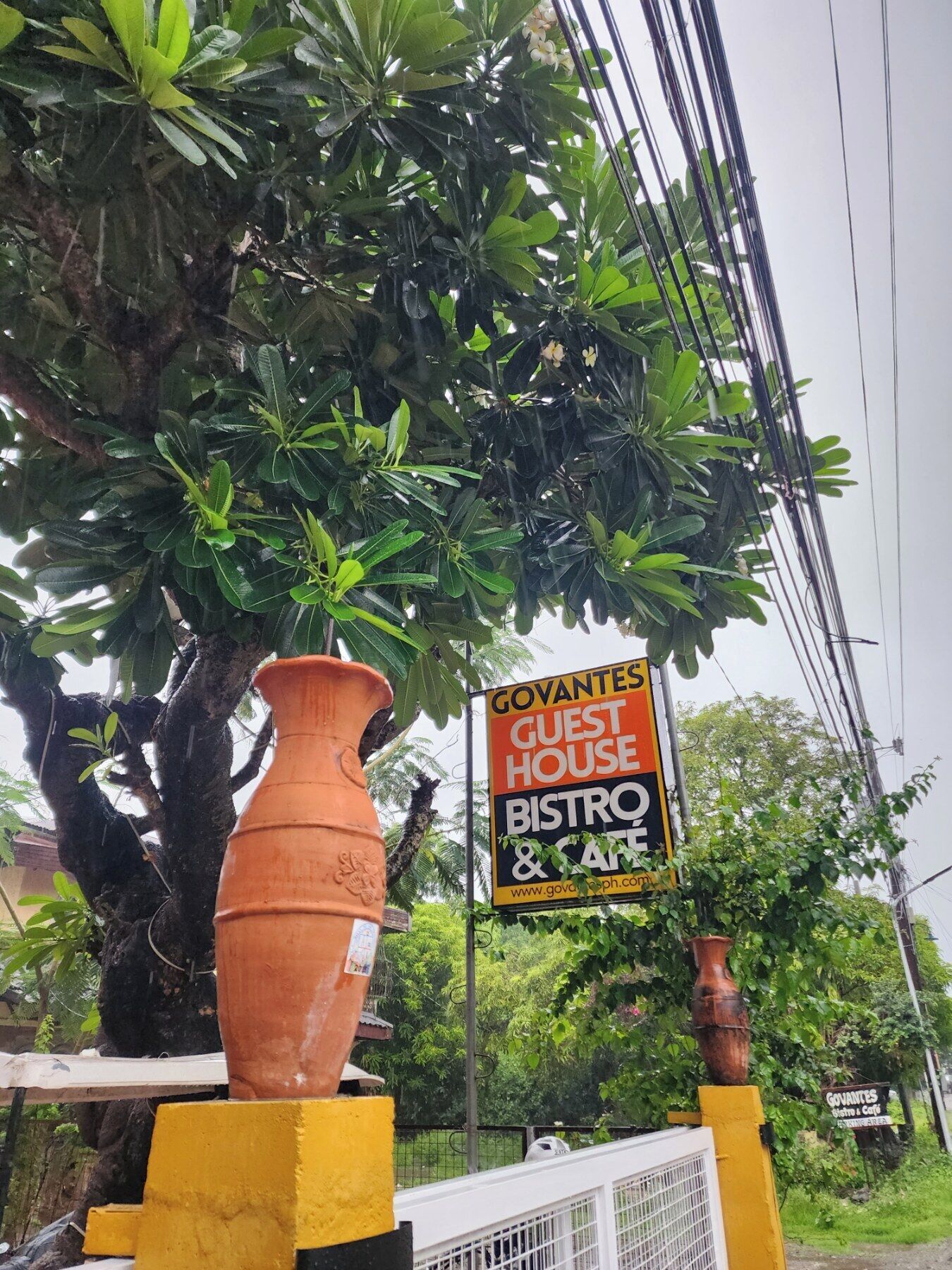 A sign for 'GOVANTES GUEST HOUSE BISTRO & CAFE' with a large terracotta pot in the foreground.