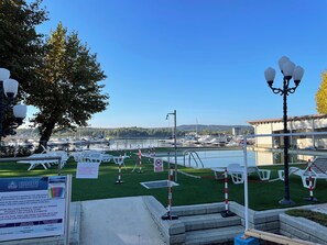 Seasonal outdoor pool, pool umbrellas, pool loungers