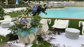 Seasonal outdoor pool, pool umbrellas, pool loungers