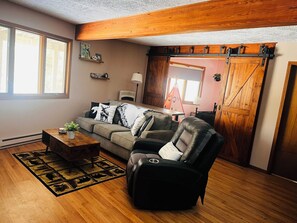 Smart TV, fireplace, books, music library