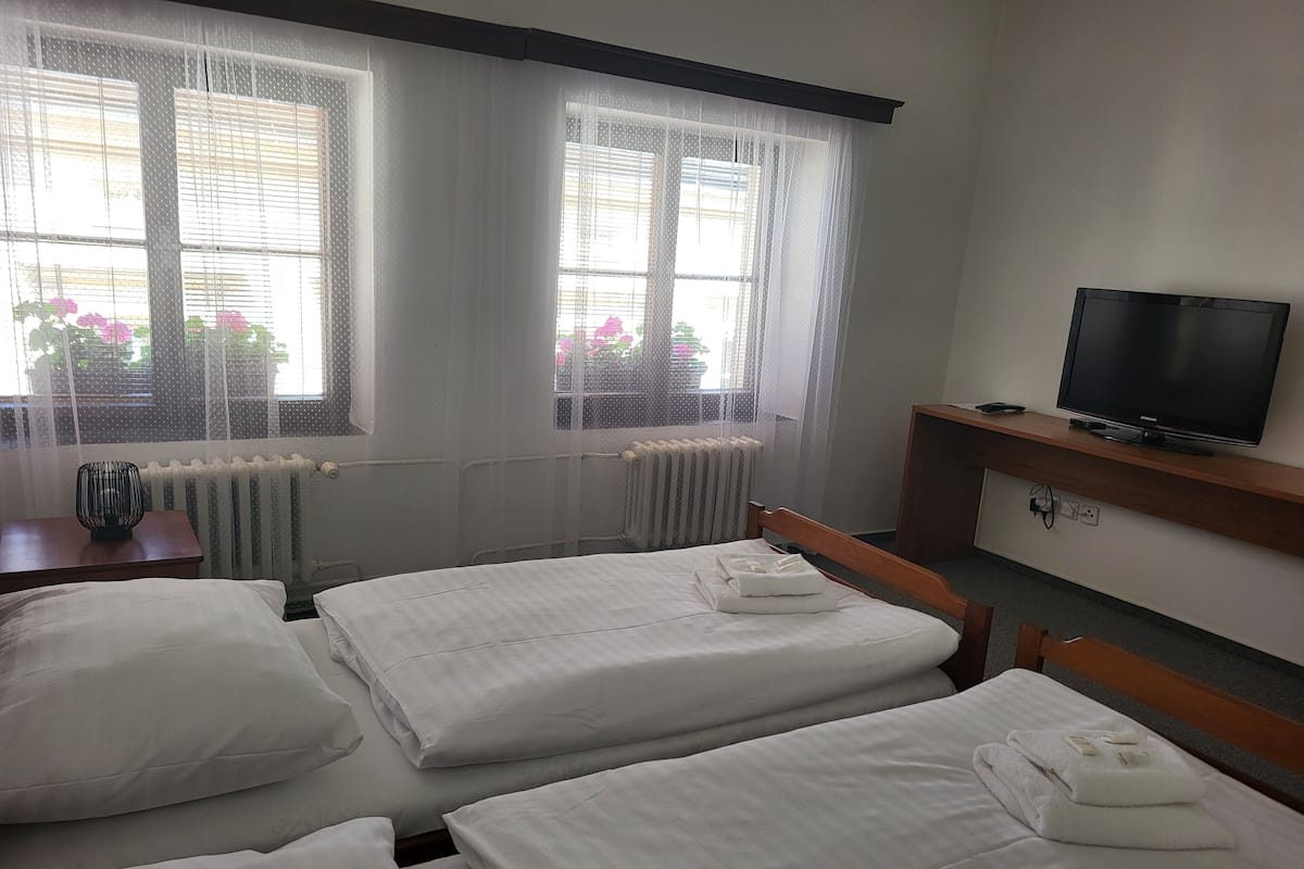 A hotel room with two beds, a TV, and a view of the outside through large windows.