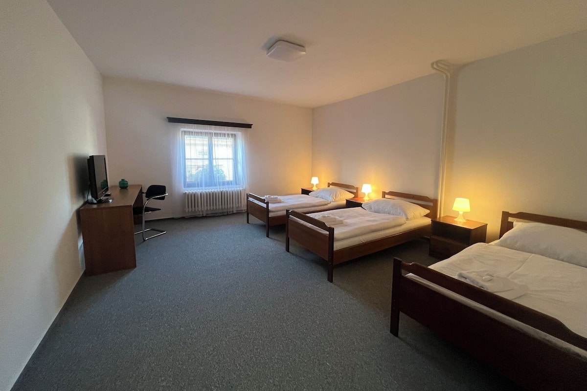 A hotel room with two single beds, a desk with a chair, a television, and a window with blinds.