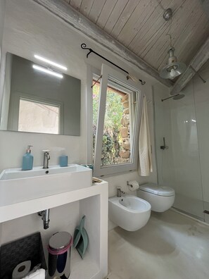 A bathroom with a large mirror, two sinks, a toilet, and a shower. - La Casa del Nespolo  (Capo d'Orlando)