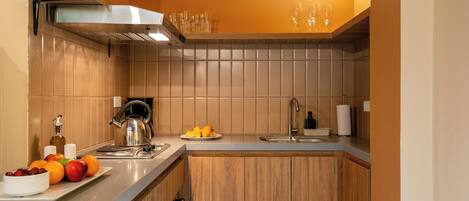 Fridge, microwave, oven, cookware/dishes/utensils