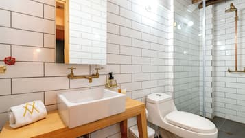 Hair dryer, towels, soap, toilet paper