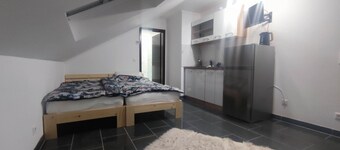 Small room with kitchenette and private bathroom.