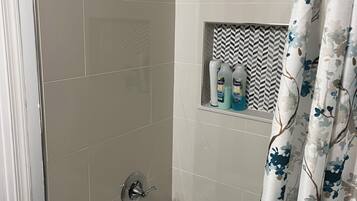 Hair dryer, towels, soap, toilet paper