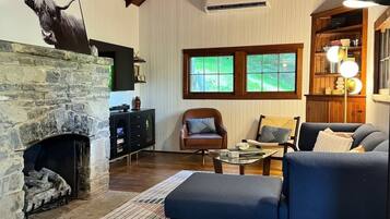 Smart TV, chimenea y libros