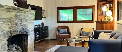 Smart TV, fireplace, books