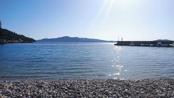On the beach, sun-loungers, beach towels