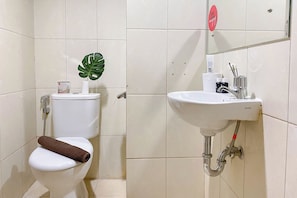A bathroom with a toilet, a sink, and a mirror.
