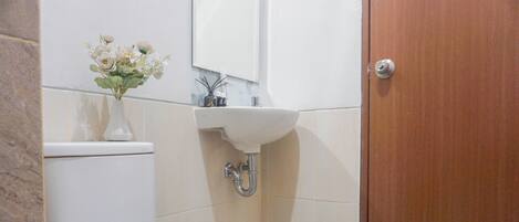 A bathroom with a toilet, sink, and a wooden door.