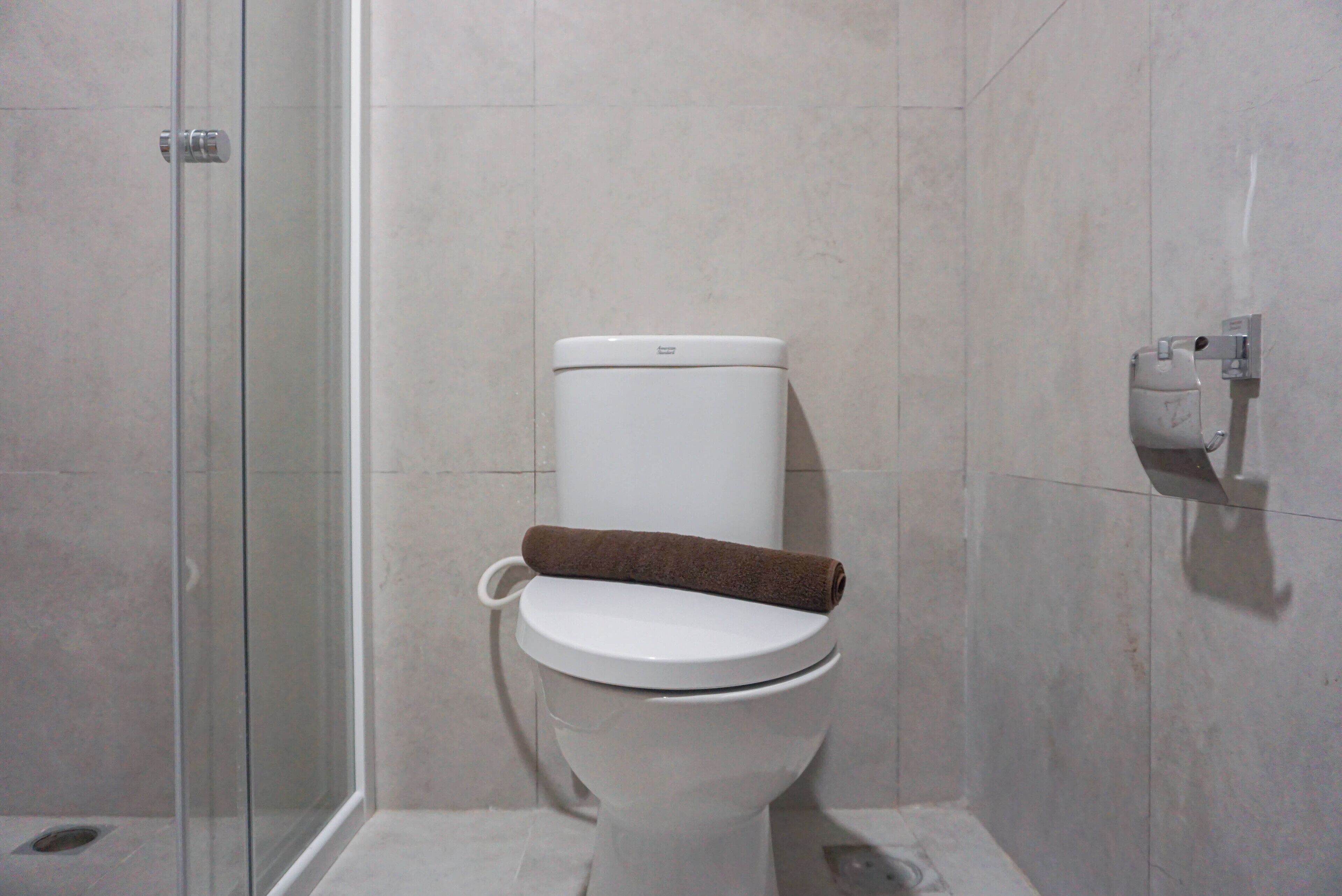 Un bagno con il water, un box doccia in vetro e un portasciugamani per la carta igienica a parete.